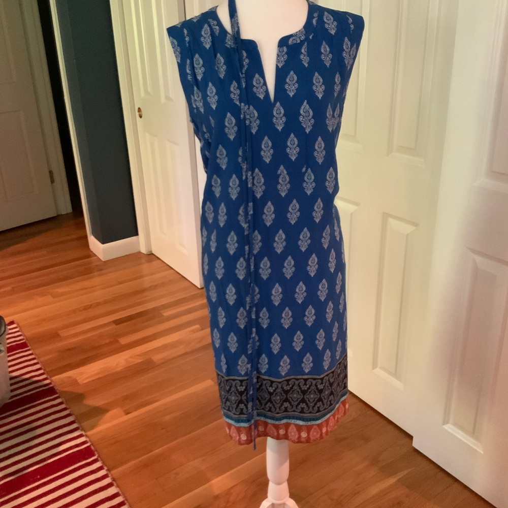 LOFT Blue and Orange Patterned Midi Dress